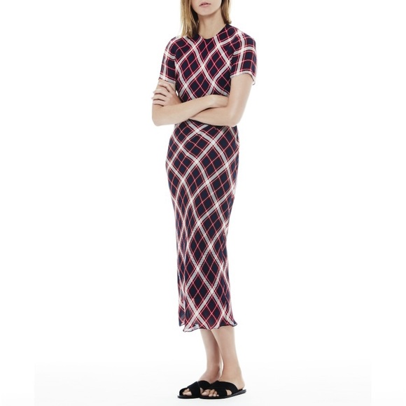 Jenni Kayne 100% Silk Short Sleeve Midi Sheath Dress (Sz S) Red Navy Blue Plaid - Picture 3 of 16